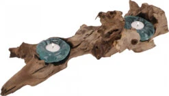 Wurzelholz Mit Teelichthalter Aus Mundgeblasenem Glas - Modell 2 - 10x35x15 Cm