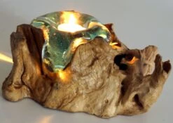 Wurzelholz Mit Teelichthalter Aus Mundgeblasenem Glas - Modell 1 - 13x15 Cm -Deko Haus Store 10 18dsc08699