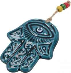 Keramik Hamsa Hand Mit Schutzauge, Boho Wandschmuck - Fatimas Hand - 11x8x0,5 Cm