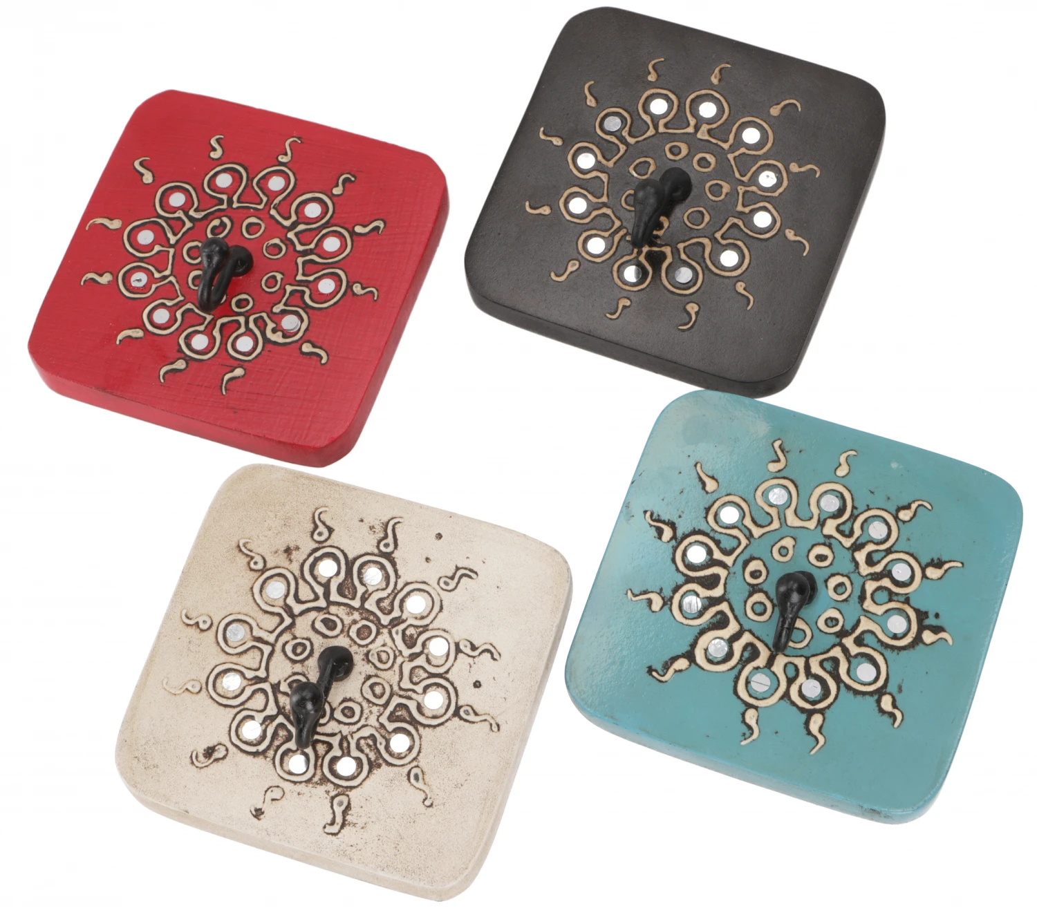 Vintage Kleiderhaken, Garderobenhaken, Schlüsselbrett, Wandhaken `Bagru`-Sonne` 4 Farben - 10x10 Cm 1 Vintage Kleiderhaken, Garderobenhaken, Schlüsselbrett, Wandhaken `Bagru`-Sonne` 4 Farben - 10x10 Cm