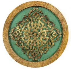 Indischer Vintage Untersetzer, Geschnitzter Untersetzer - Grün/gold - 1,5 Cm Ø20 Cm -Deko Haus Store 3 18dsc01045