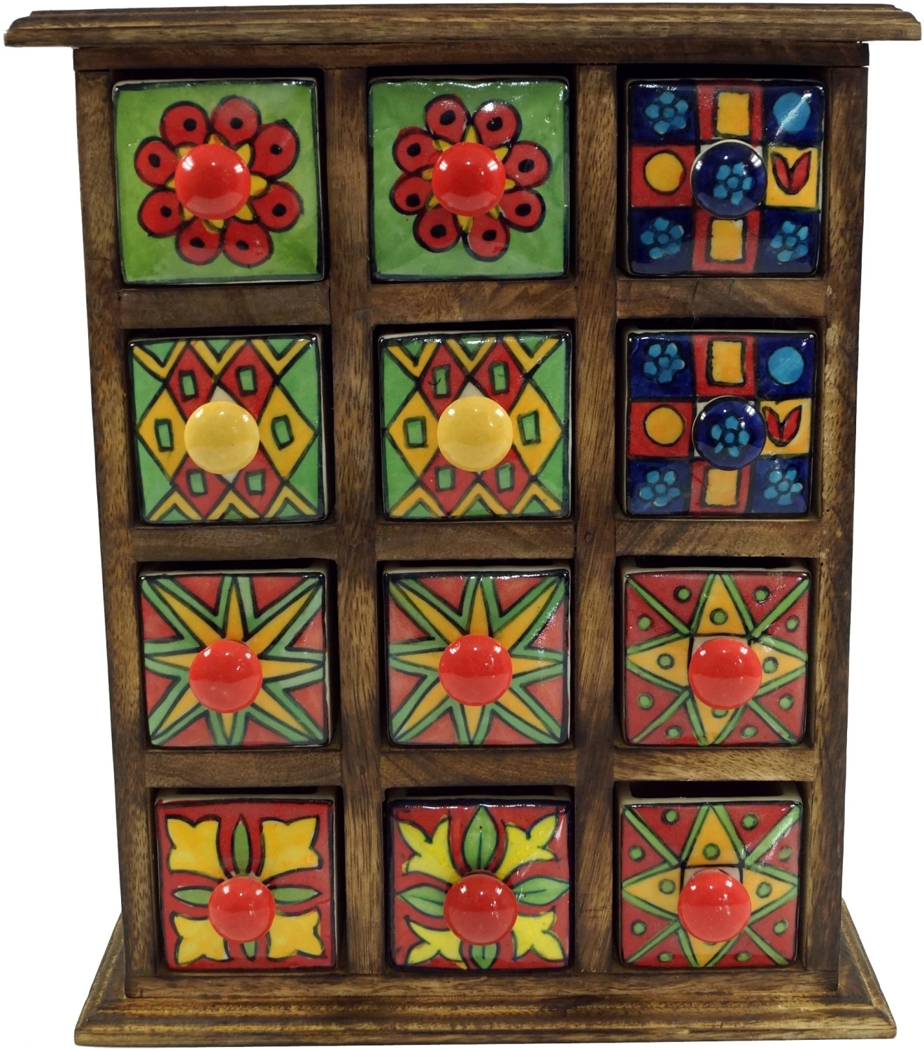 Apothekerschränkchen Mit Bunten Keramik Schubfächern - 3*4 Fächer - 32x25x10 Cm 2 Apothekerschränkchen Mit Bunten Keramik Schubfächern - 3*4 Fächer - 32x25x10 Cm – Bild 2