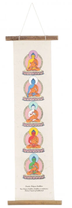 Buddhistischer Wandbehang Aus Loktapapier, Tibetischer Buddhismus Dekoration - Pancha Dyana Buddhas - 50x16 Cm
