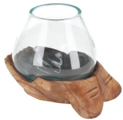 Vase, Teelichtglas Aus Mundgeblasenem Glas Auf "gebenden Händen" - Teak L - 15x20x13 Cm