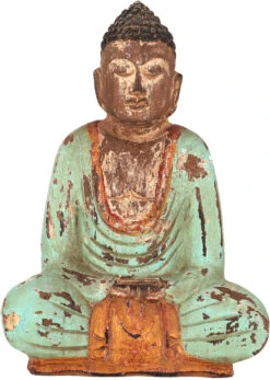 Sitzender Holzbuddha, Buddha Statue, Handarbeit 21 Cm, Antik Grün - Modell 16