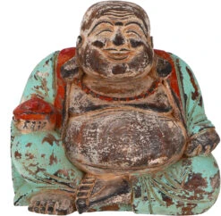 Lachender Holzbuddha, Buddha Statue, Handarbeit 21 Cm, Antik Grün - Modell 17