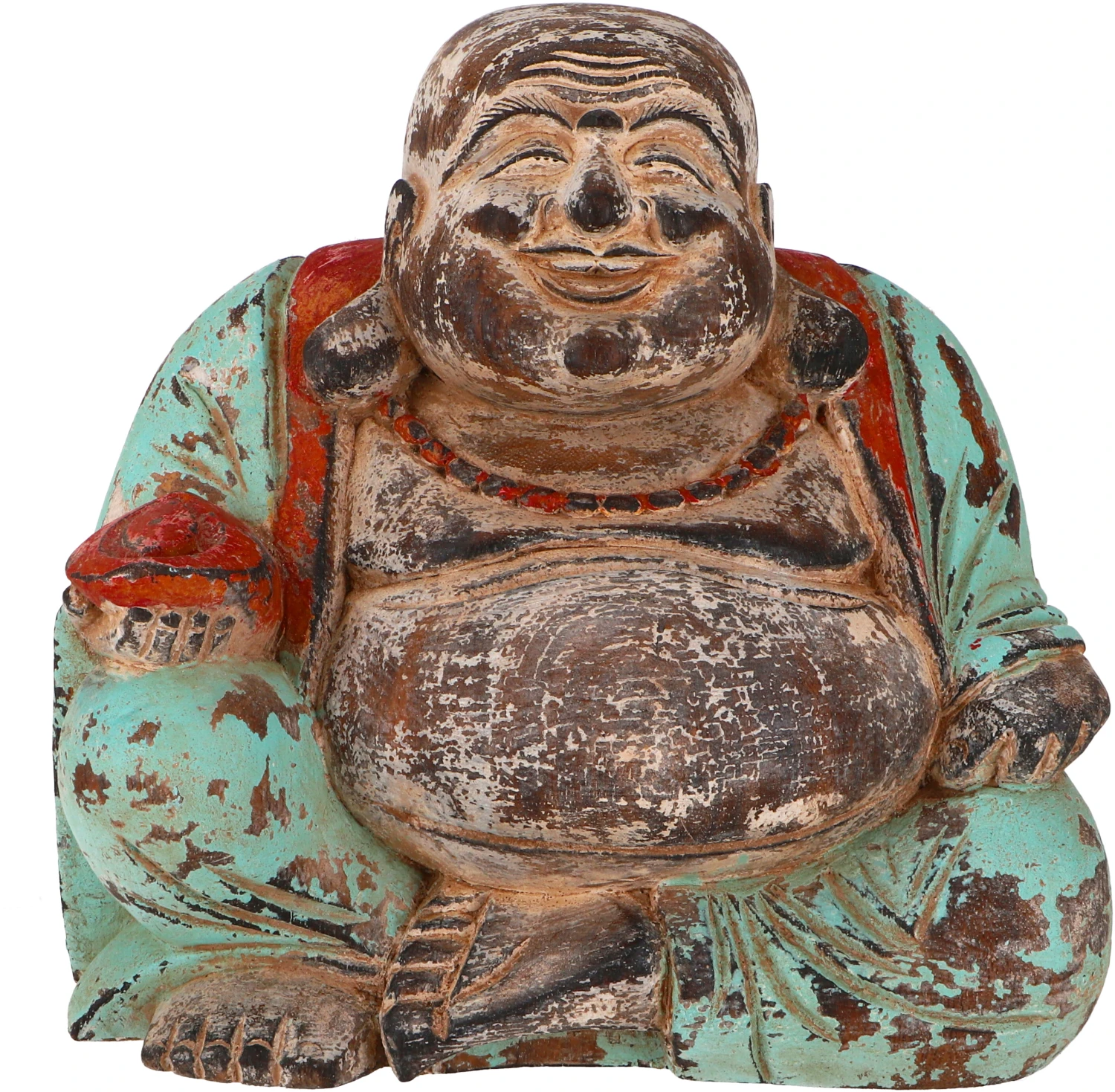 Lachender Holzbuddha, Buddha Statue, Handarbeit 21 Cm, Antik Grün - Modell 17 1 Lachender Holzbuddha, Buddha Statue, Handarbeit 21 Cm, Antik Grün - Modell 17