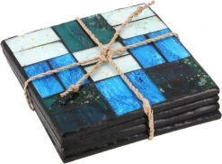 4er Set Glasmosaik Untersetzer - Blau/grün - 10x10x0,7 Cm