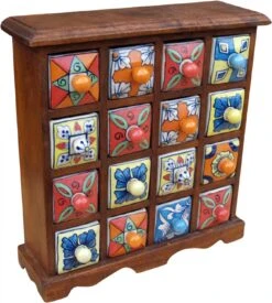 Apothekerschränkchen Mit Bunten Keramik Schubfächern - 4*4 Fächer - 32x32x10 Cm