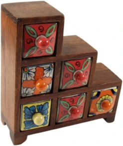 Apothekerschränkchen Mit Bunten Keramik Schubfächern - 3,2,1 Fächer - 30x30x10 Cm