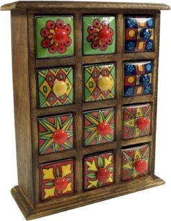 Apothekerschränkchen Mit Bunten Keramik Schubfächern - 3*4 Fächer - 32x25x10 Cm