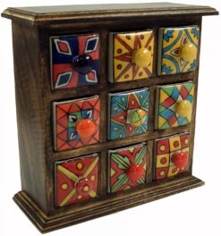 Apothekerschränkchen Mit Bunten Keramik Schubfächern - 3*3 Fächer - 24x24x9 Cm