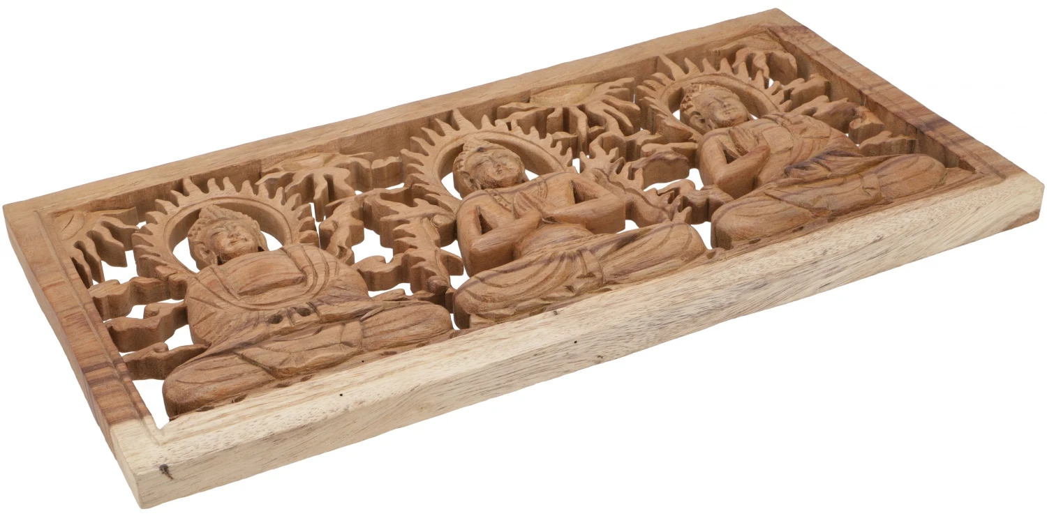 Geschnitztes Wandbild Deko Wandrelief - 3 Buddhas - 26x50x1,5 Cm 2 Geschnitztes Wandbild Deko Wandrelief - 3 Buddhas - 26x50x1,5 Cm – Bild 2