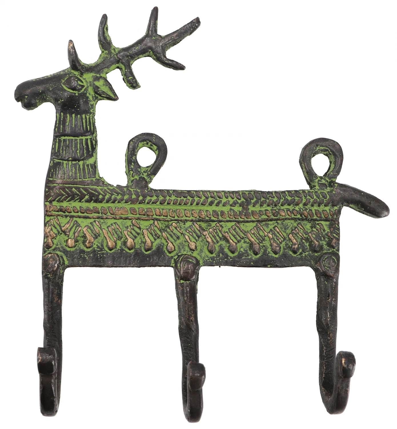 Filigran Verzierter 3`er Messing Wandhaken, Wandgarderobe, Schlüsselhalter, Kleiderhaken - Hirsch / Antikgrün - 13x13x3,5 Cm 2 Filigran Verzierter 3`er Messing Wandhaken, Wandgarderobe, Schlüsselhalter, Kleiderhaken - Hirsch / Antikgrün - 13x13x3,5 Cm – Bild 2