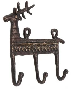 Filigran Verzierter 3`er Messing Wandhaken, Wandgarderobe, Schlüsselhalter Mit Gravur - Hirsch / Antikbraun - 13x13x3,5 Cm