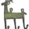 Filigran Verzierter 3`er Messing Wandhaken, Wandgarderobe, Schlüsselhalter, Kleiderhaken - Hirsch / Antikgrün - 13x13x3,5 Cm