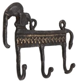 Filigran Verzierter 3`er Messing Wandhaken, Wandgarderobe, Schlüsselhalter Mit Gravur - Elefant / Antikbraun - 12x12x3,5 Cm