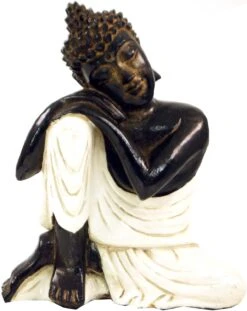 Geschnitzte Sitzender Buddha Figur, Träumender Buddha - Weiß/links - 28x21x12 Cm