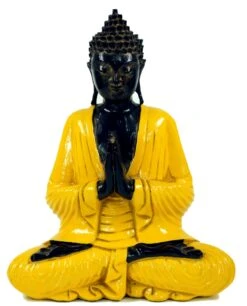 Geschnitzter Sitzender Buddha Im Anjali Mudra - Gelb - 30x25x13 Cm