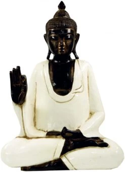 Geschnitzter Sitzender Buddha Im Vitarka Mudra - Weiß - 45x34x17 Cm