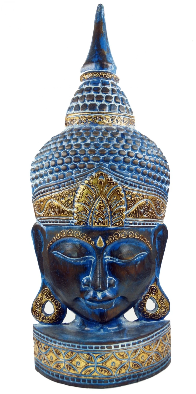 Stehende Buddha Maske, Thai Buddha Statue - Blau/gold - 74x27x13 Cm 1 Stehende Buddha Maske, Thai Buddha Statue - Blau/gold - 74x27x13 Cm